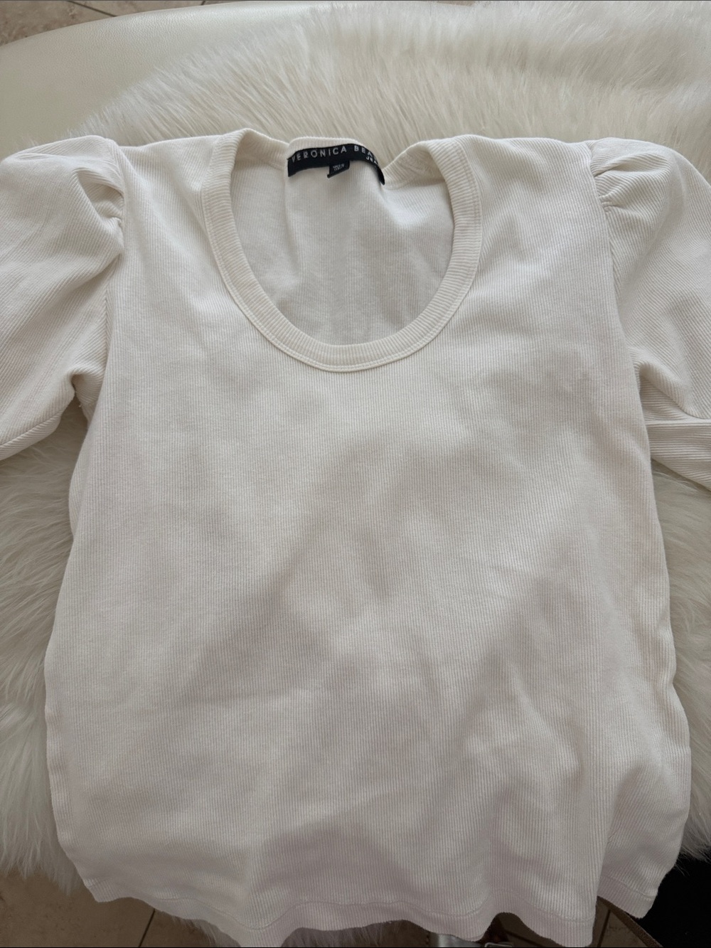 Veronica Beard Cream Ribbed Puff-Shoulder blouse